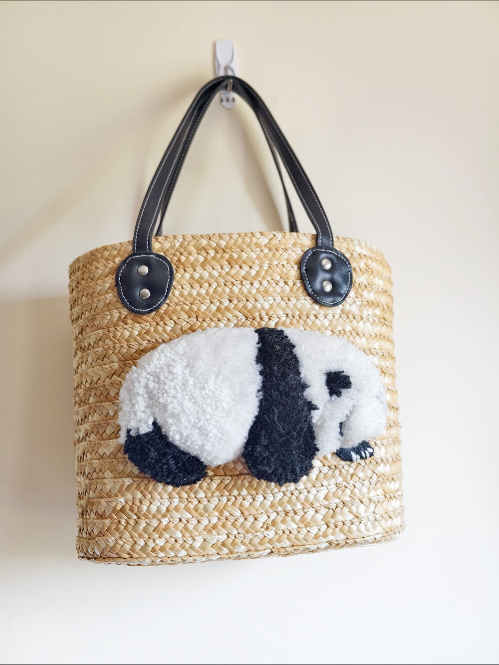 Woven Straw Tote with Plush Panda Accent - Black & Natural